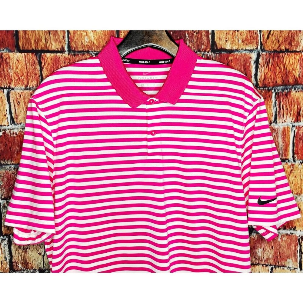 Nike Golf Dri-Fit Men’s Striped Large Short Sleeve Stretch Polo Shirt Pink White